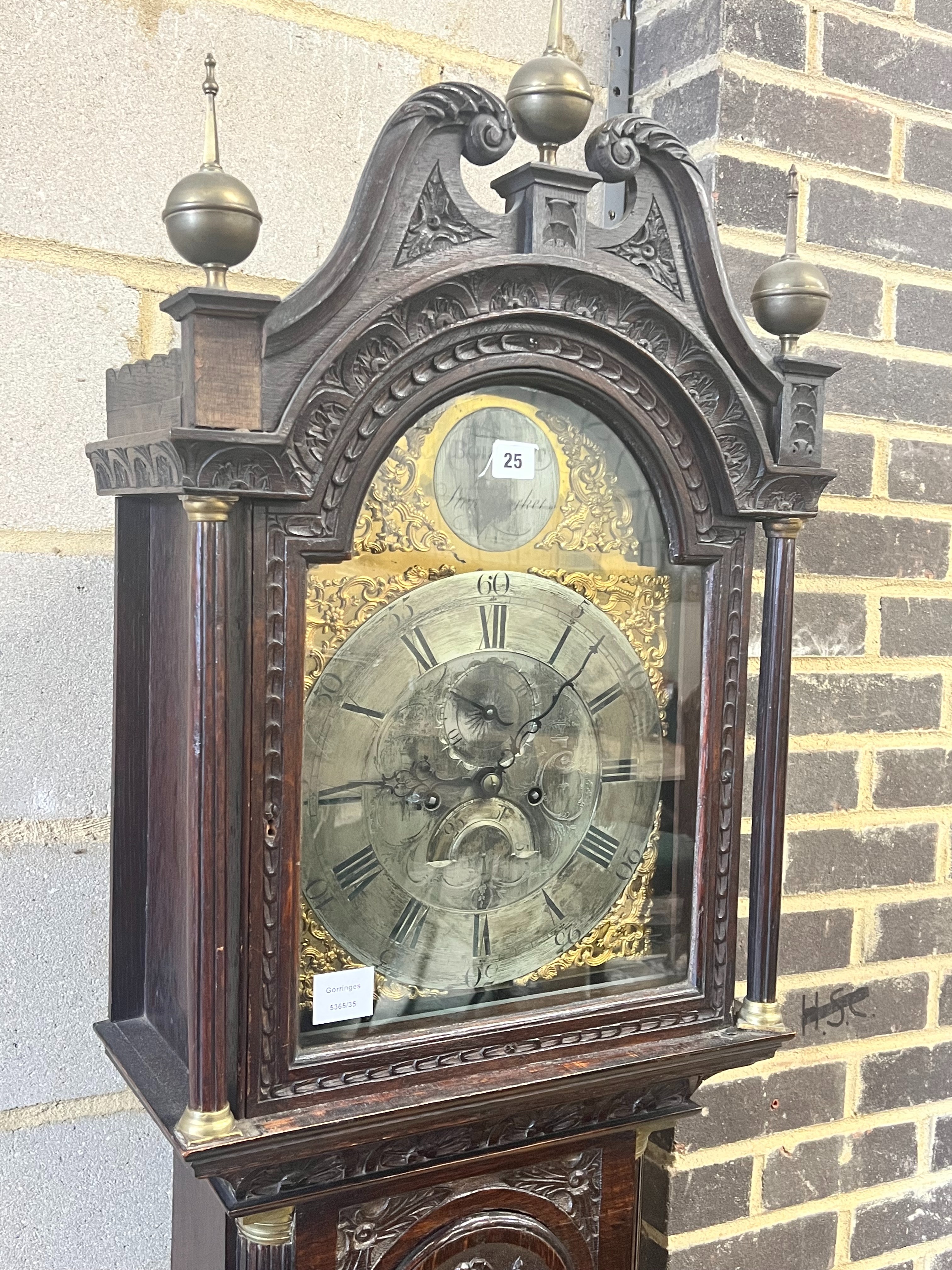 Barrett of Stowmarket. A George III carved oak eight day longcase clock, height 220cm